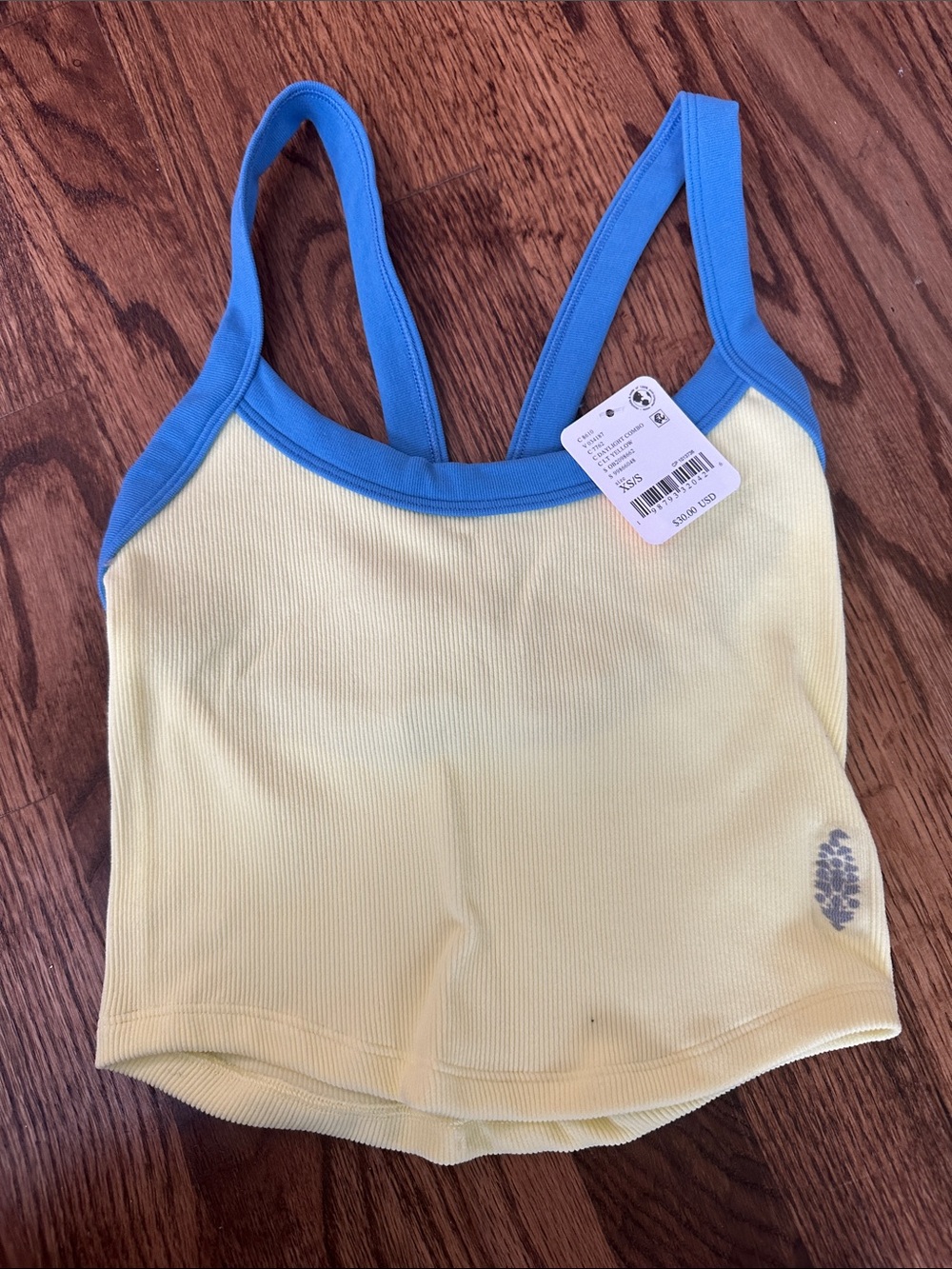 Free People Yellow Ribbed Tank with Bright Blue Trim